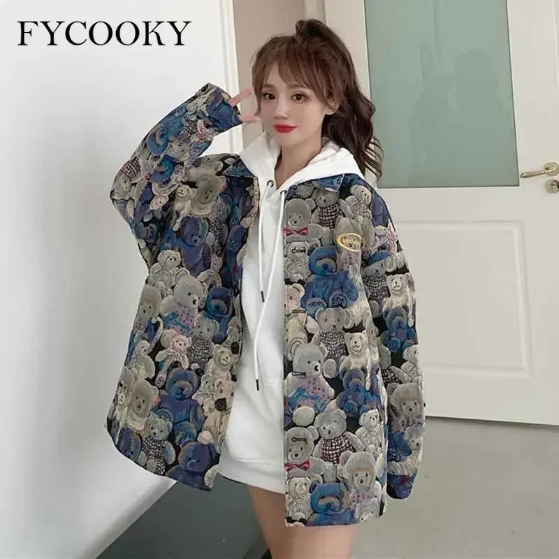 

2025 Vintage Bear Print Shirts Jacket Women Spring Autumn New Long Sleeve Blouse Korean Style Loose Button Down Shirt for Woman
