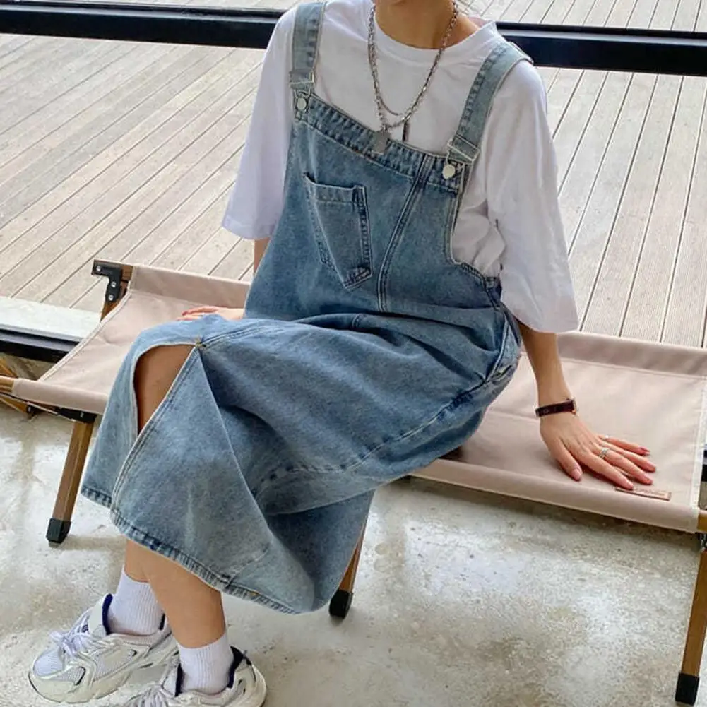 Lady Loose Dress Versatile Denim Midi Dress with Suspender Design Collarless Backless Style Adjustable for Students for A