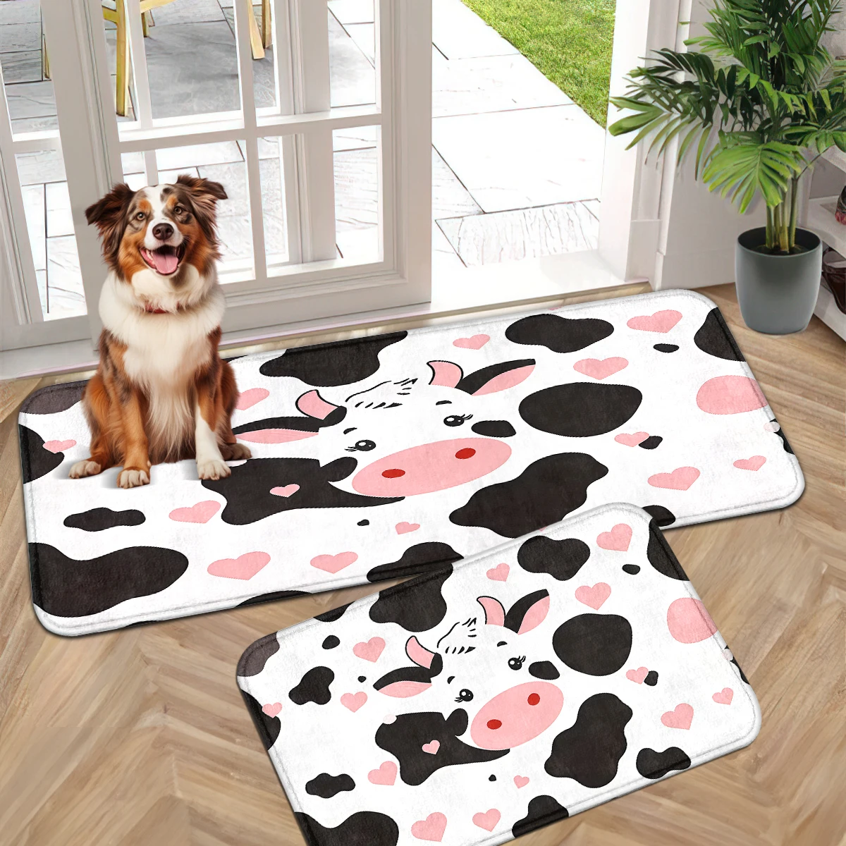 Cow Print Pink Heart Calf Mat, Pink Balloon Star Door Mat, Floral Cow Runner, Green Field Flower Cow Mat Set.