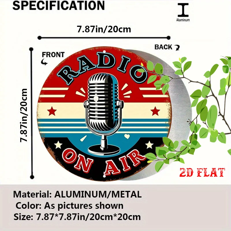 2D Flat, 1pc Vintage Radio on Air Metal Tin Sign - 7.8x7.8 Inch Round Aluminum Wall Art with Microphone & Stars, Rustic Home