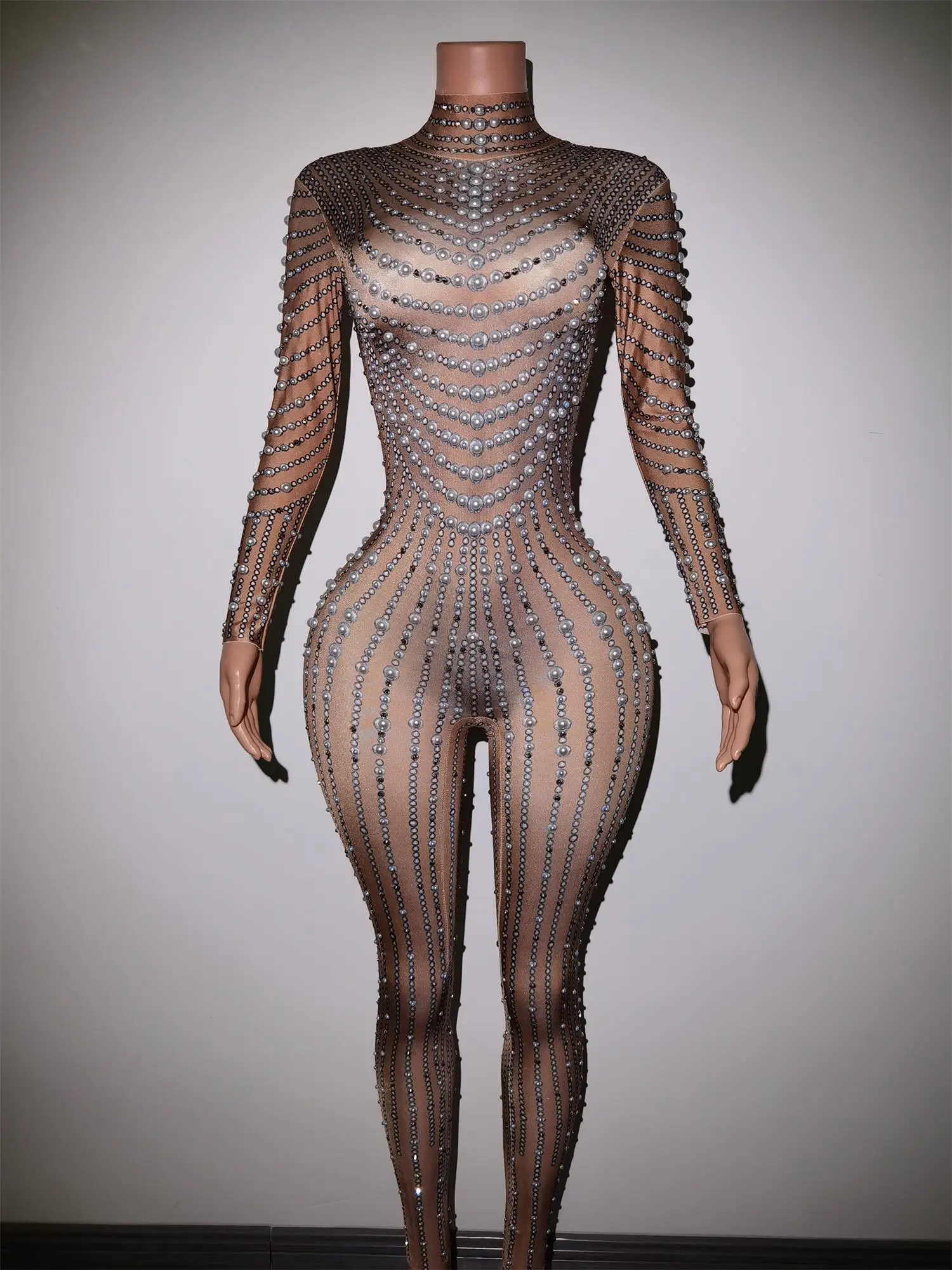 Bright Pearls Crystals Jumpsuits Sexy Rhinestones Perspective Bodysuit Stage Dance Wear Celebrate Shining Costume Zhenzhuwang