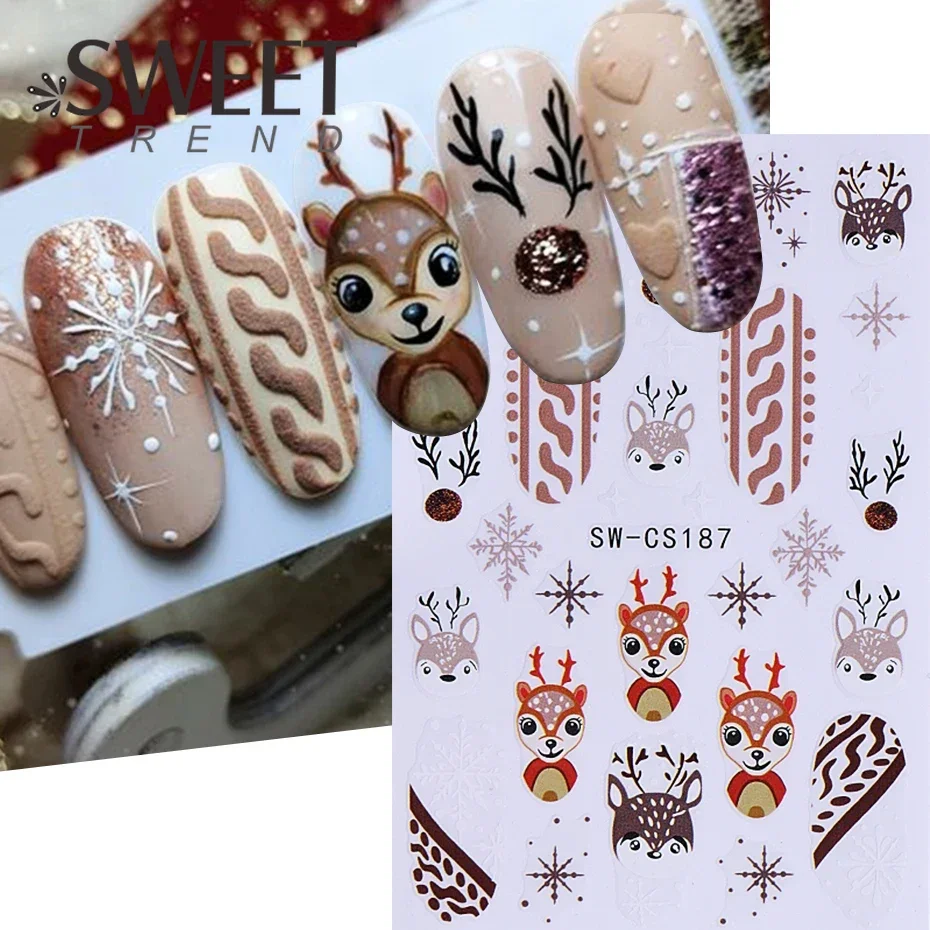 Christmas Nail Art Stickers 3D Cute Cartoon Snowman Decals ReindeerLamp Ball Sliders Winter Snowflake DIY Manicure Decorations