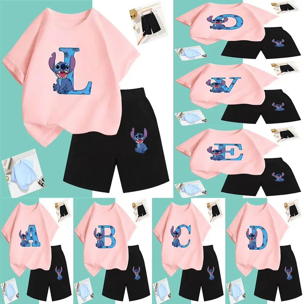 Lilo And Stitch t shirt Set Birthday Lucky Letter Cotton Children's Wear Girls And Boys Sports Shirts Comic T-shirts Baby Casual