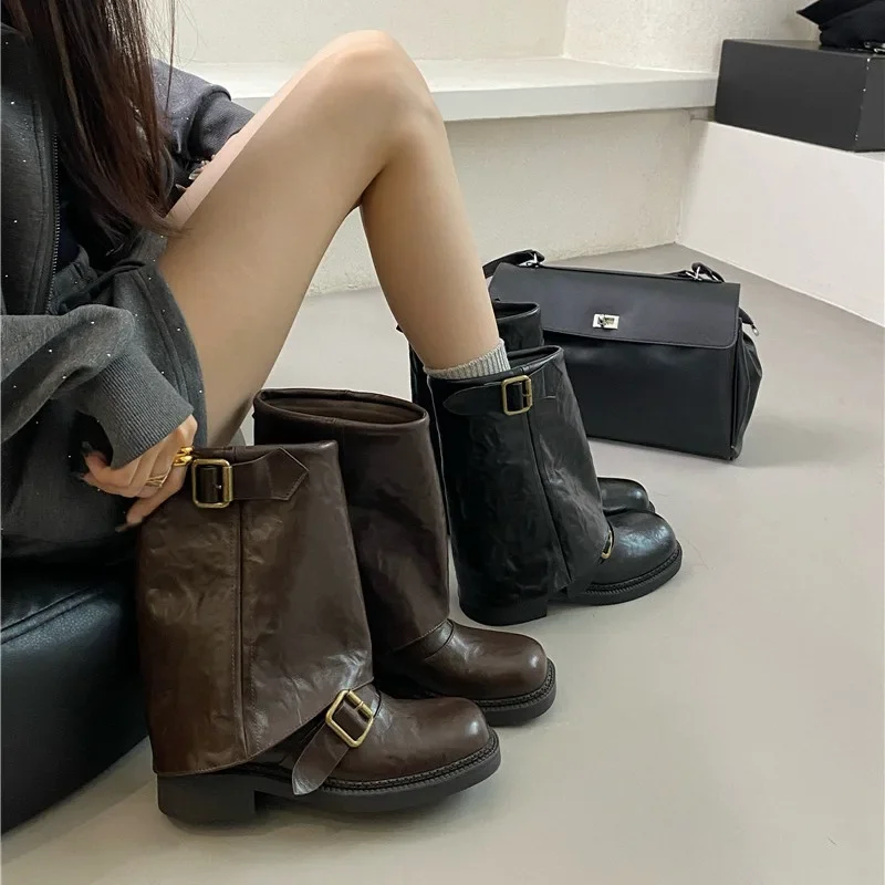 

Women's Boots Mid-calf Shoes Trend New in Black Luxury Brands Fashion Gothic Elegant Woman Heels Chunky Heel Round Toe on Sale