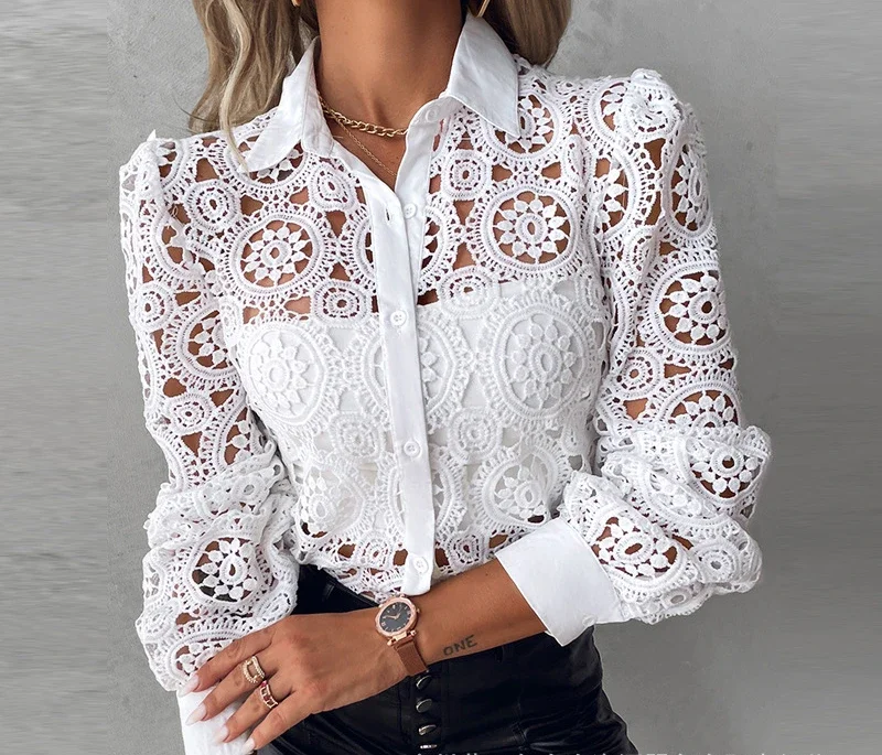 

Women Shirt Lace Hollow Out Long Sleeve White Top Fashion Printing Pullover Y2k Blouse for Female Streetwear 2003 Autumn New