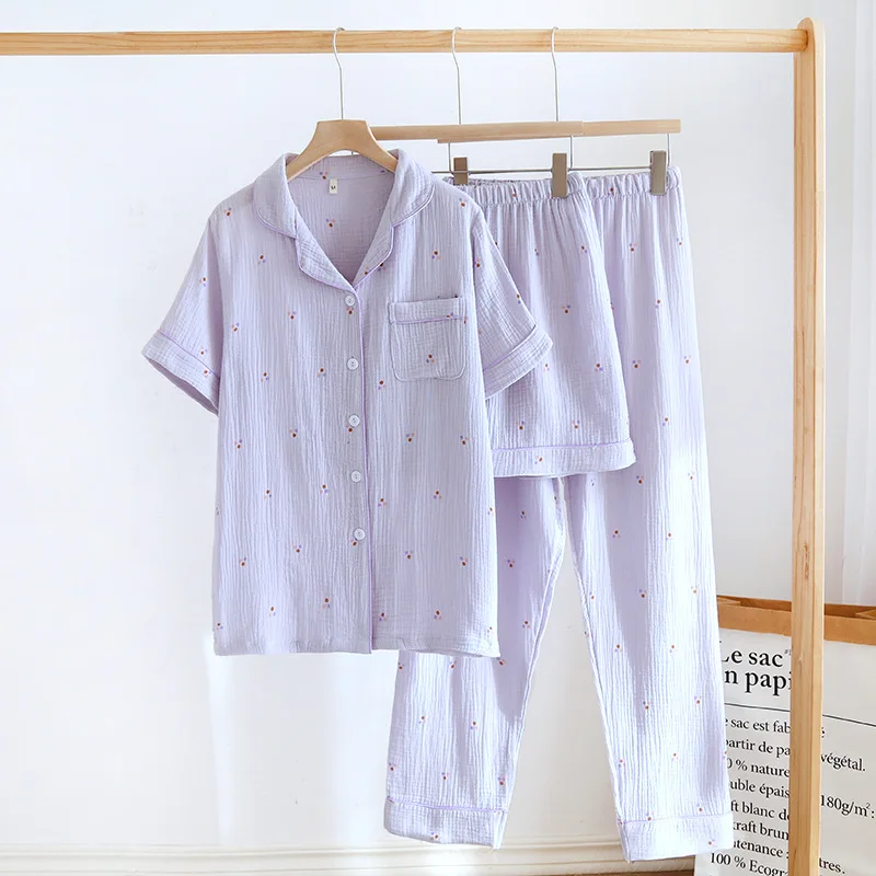 100% Cotton Women\'s Pajamas Printed Short Sleeve 3 Pieces Set Spring Summer Homewear Night Suit Female Sleepwear Sleep Clothes