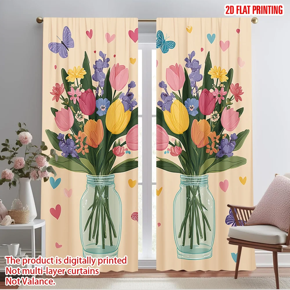 

2pcs 2D flat printing Window Curtains Floral Butterflies Spring Blooms Fabric Without Electricity Festive Curtains Perfect for