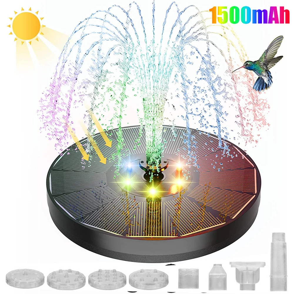 Solar Fountain Water Pump with color LED Lights for Bird Bath 3W with 7 Nozzles & 4 Fixers Floating Garden Pond Tank