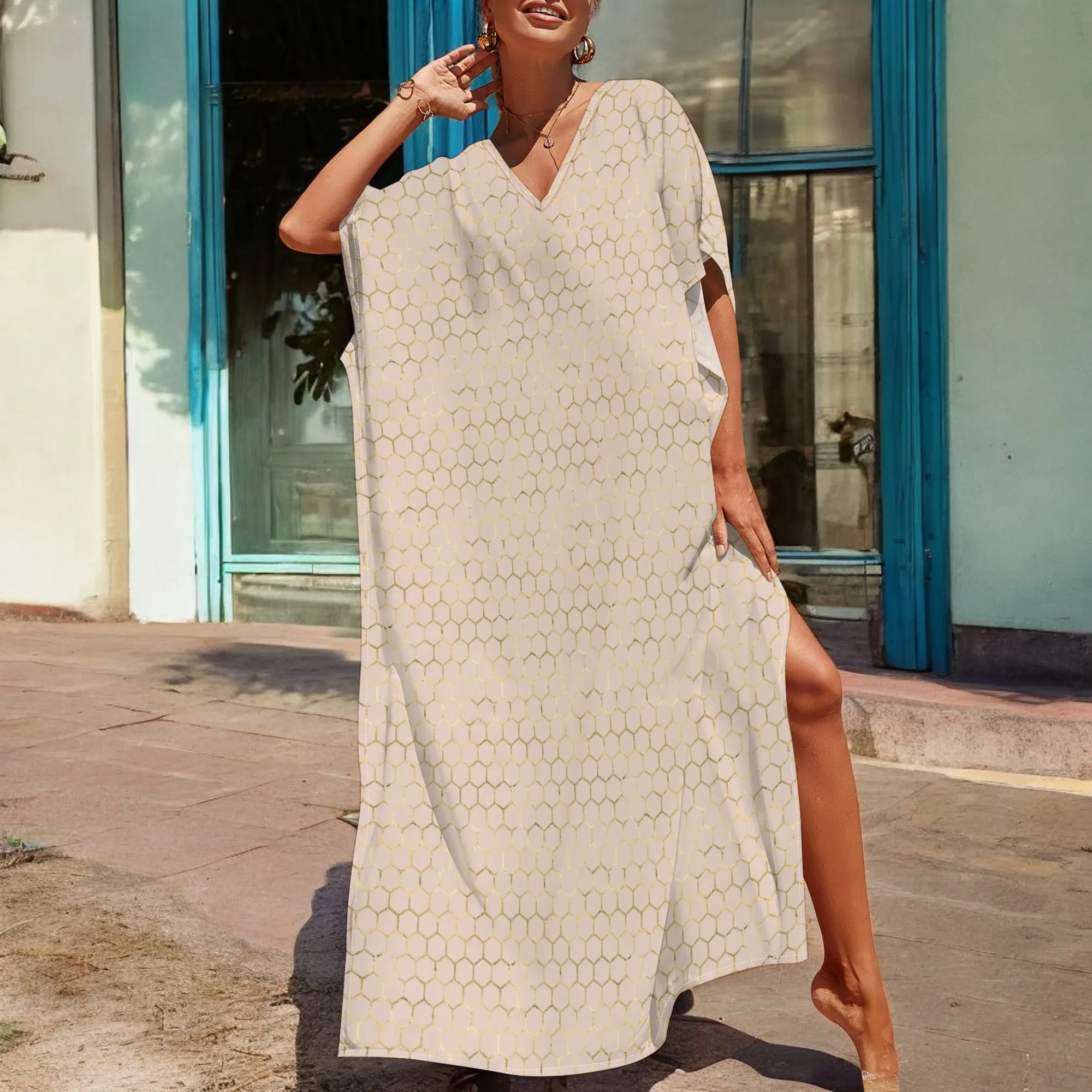 

Women’s Cream Honeycomb Print Caftan Dress 2025 Summer Loose V-Neck Soft Lounge Robe for Beach or Daily Wear S-3XL