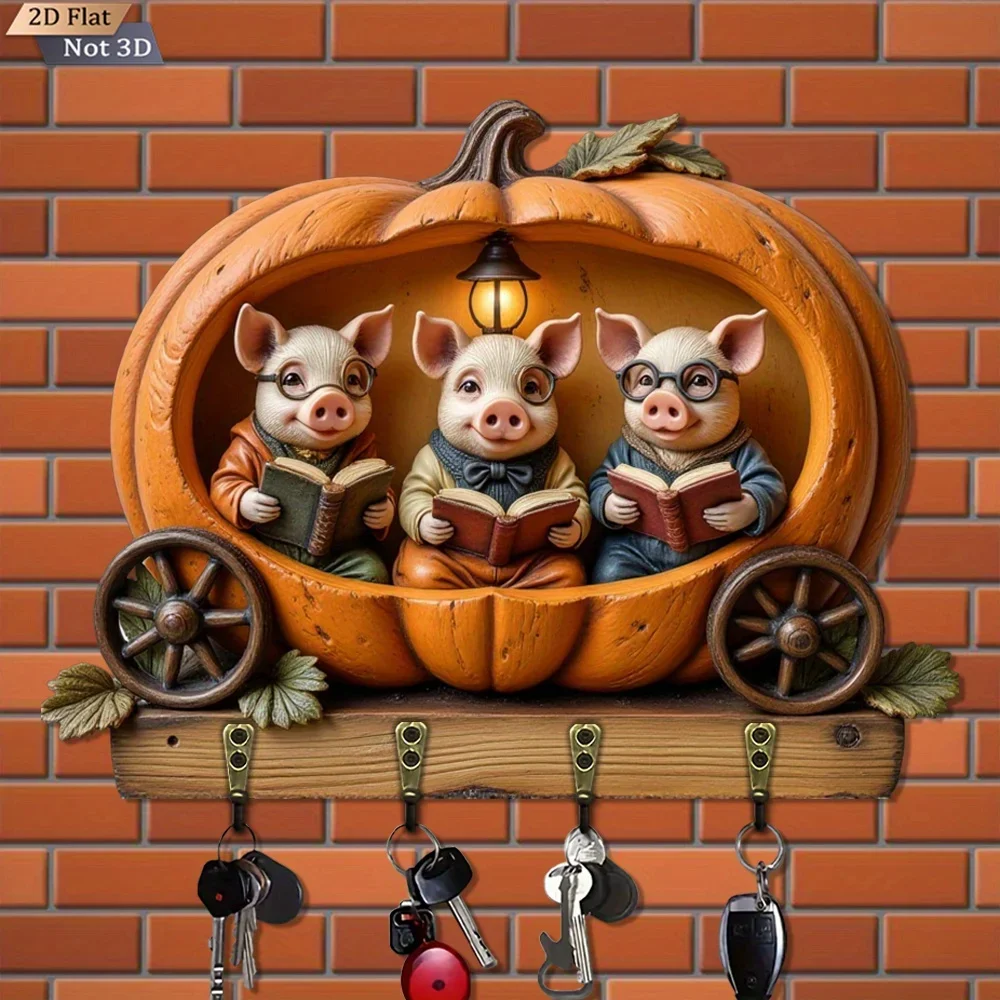 2D Flat, 1pc, Pumpkin Pig Reading Style Key Hook Wooden Multi-functional Home Key Rack, with four metal hooks, wall decoration,