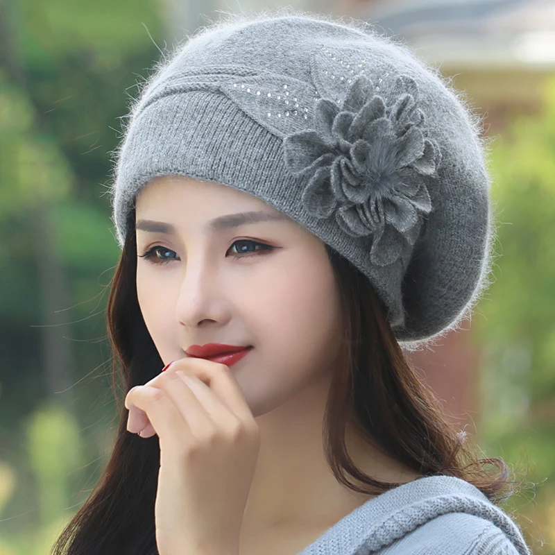 Beret Women Winter Hat Angora Knit Beanie Warm Autumn Flower Double Layers Skiing Outdoor Accessory For Female Headwear