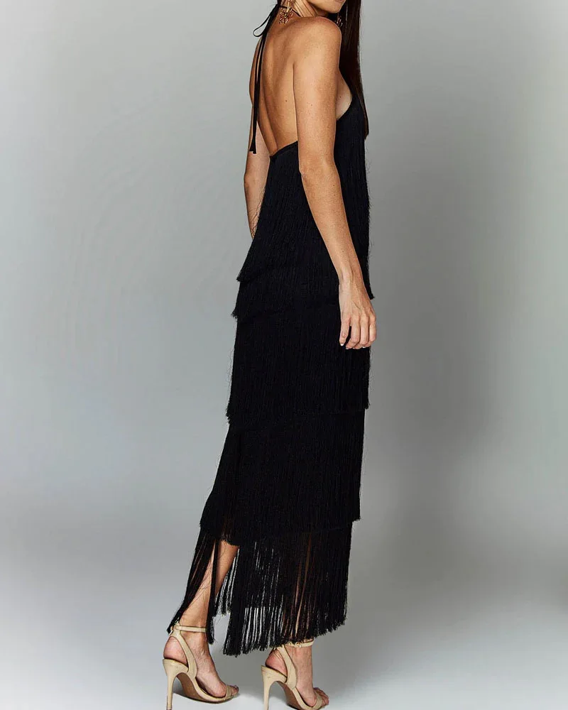 Damen Neckholder-Kleid mit Fransen, Rückenausschnitt und Schlitz, Geburtstagskleid, Abendkleid, Partykleid, Date-Night-Kleid, Elegantes Sexy Langes Kleid, Abendgarderobe – Detail 6