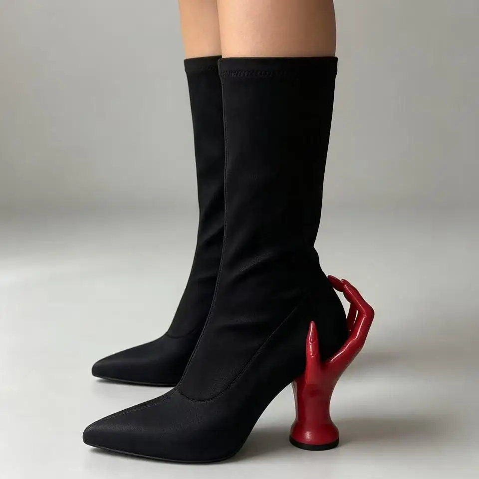Pointed Toe Black Bling Rhinestone Knee-High Women Boots Special Hand Support High Heels Slip On Design Large Size Shoes