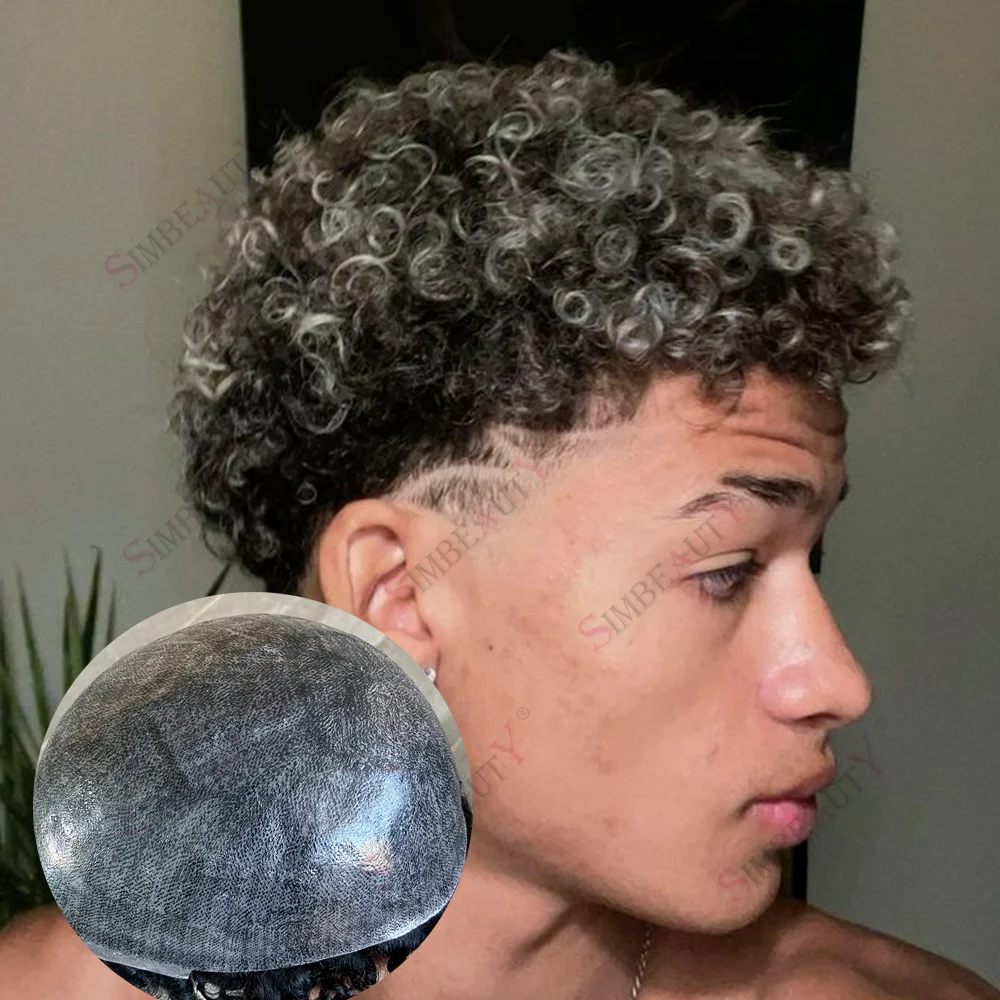 

Афро 12 мм вьющиеся серые черные 1B50 парик для мужчин афро-американские парики человеческие волосы невидимая кожа искусственная система замены протез