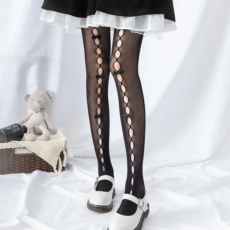 Calza forata Lolita costumi Cosplay accessori Bowknot calze a rete morbida sorella pizzo Pantynose donna ragazza stretta