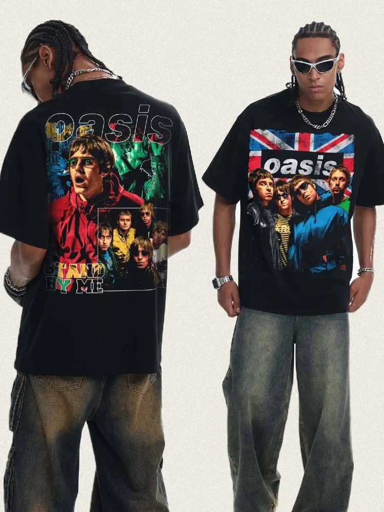 OASIS Men's Rock-Style Retro Print Heavyweight Short-Sleeve T-Shirt Summer High-Street Versatile Top