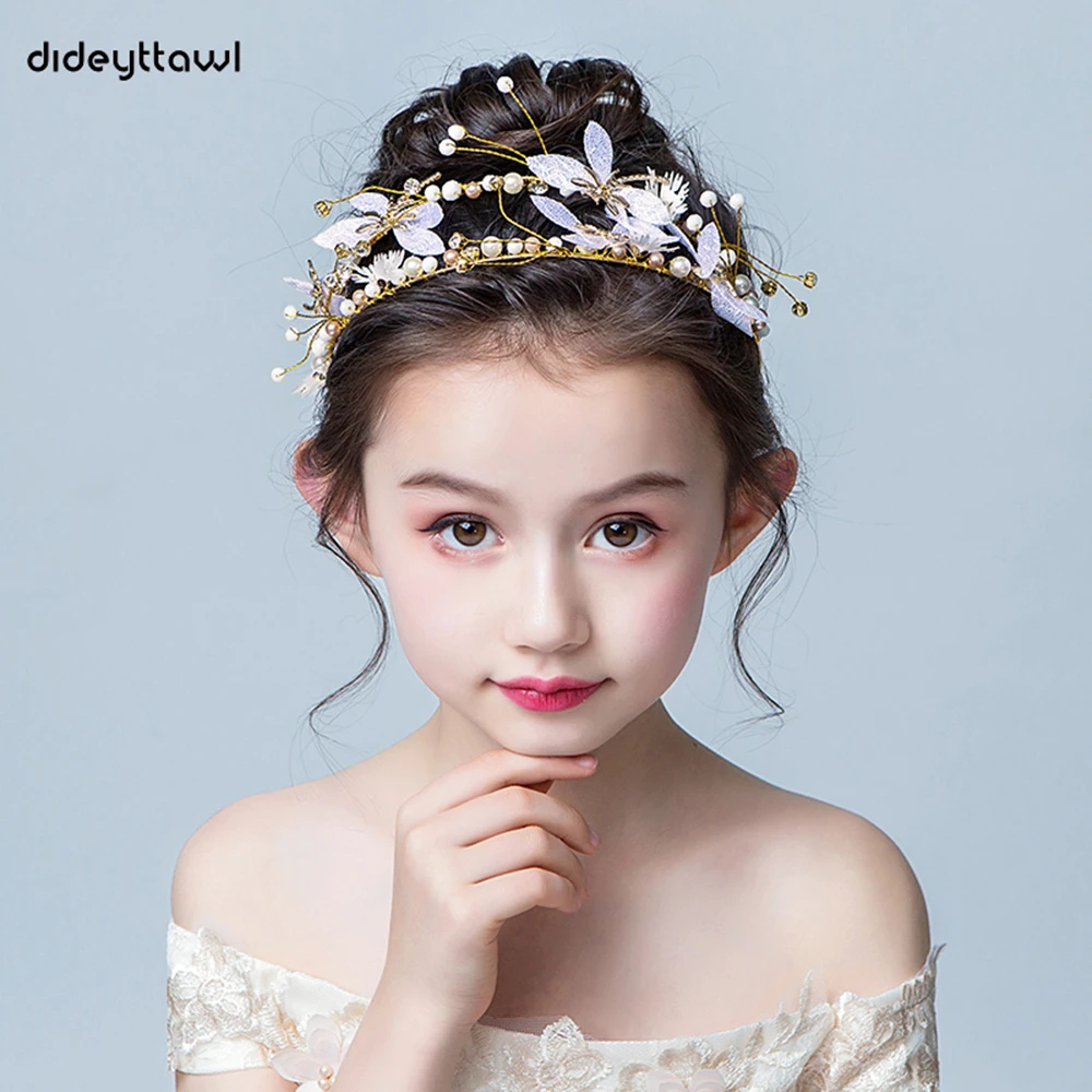 Dideyttawl โลหะทองดอกไม้ที่ตกแต่งผมสำหรับเด็กผู้หญิงเจ้าหญิง Tiara สำหรับงานแต่งงานวันเกิด Rhinestone เครื่องประดับผม