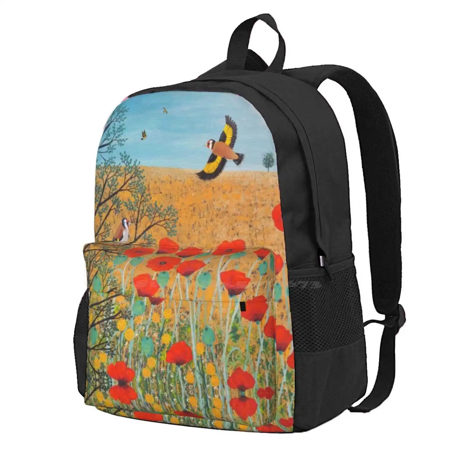 

Red And Gold Hot Sale Schoolbag Backpack Fashion Bags Landscapes Summer Cornfields Harvest Birds Goldfinches Poppies Poppy