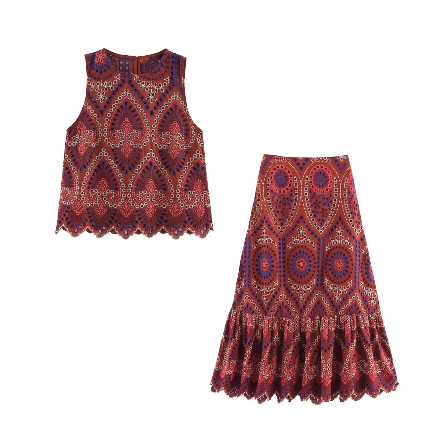 UNITIM Damenanzug, ärmellos, Rundhalsausschnitt, kurze Oberteile + seitlicher Reißverschluss, Midirock, Sommer, exotische Weste, weibliches Stickerei-Kleid-Outfit