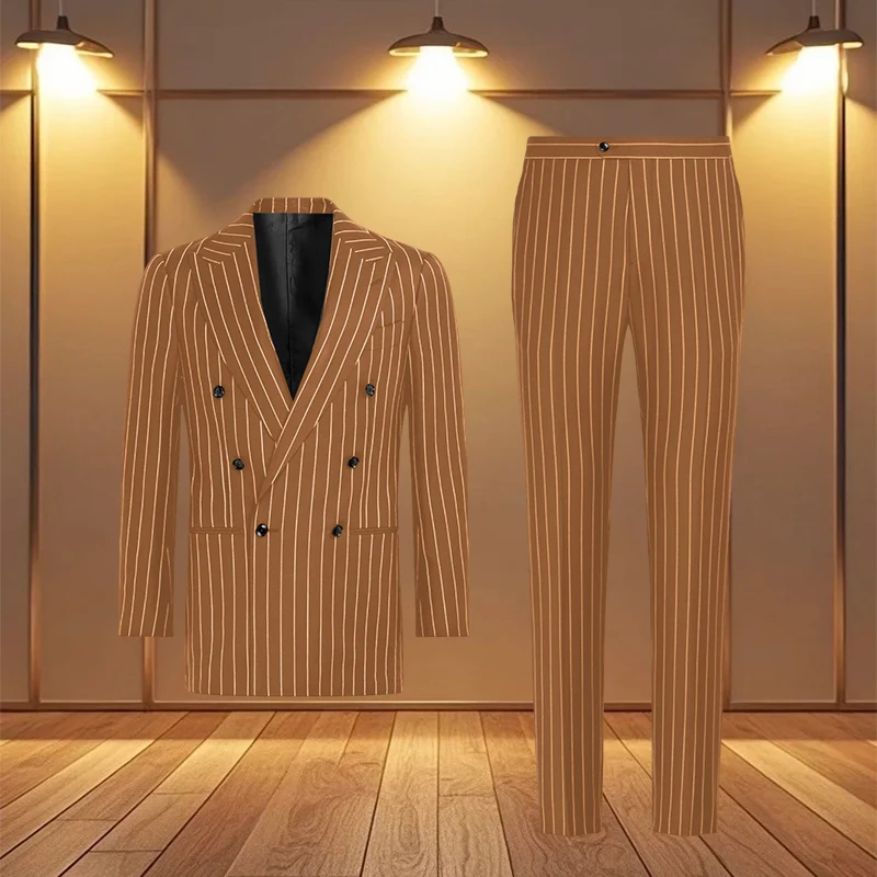 

2-piece Men's Suit Set (Jacket+Pants）Striped Double Breasted Slim Fit Suit Set Business Casual Tailored Groom's Tailcoat