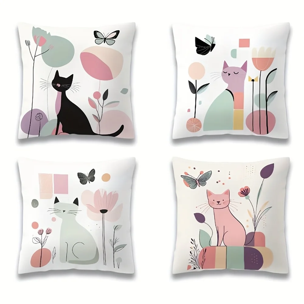 1PC 2D Flat Boho Cat Floral Print Throw Pillow Covers Home Decor Cushion Cases No Pillow Core Unreal Embroidery