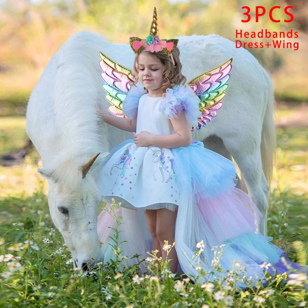 Rainbow Unicorn Girls Party Dress Cosplay Costumes Tulle Birthday Princess Kids Dresses for Girl Christmas Unicors Wedding Gown