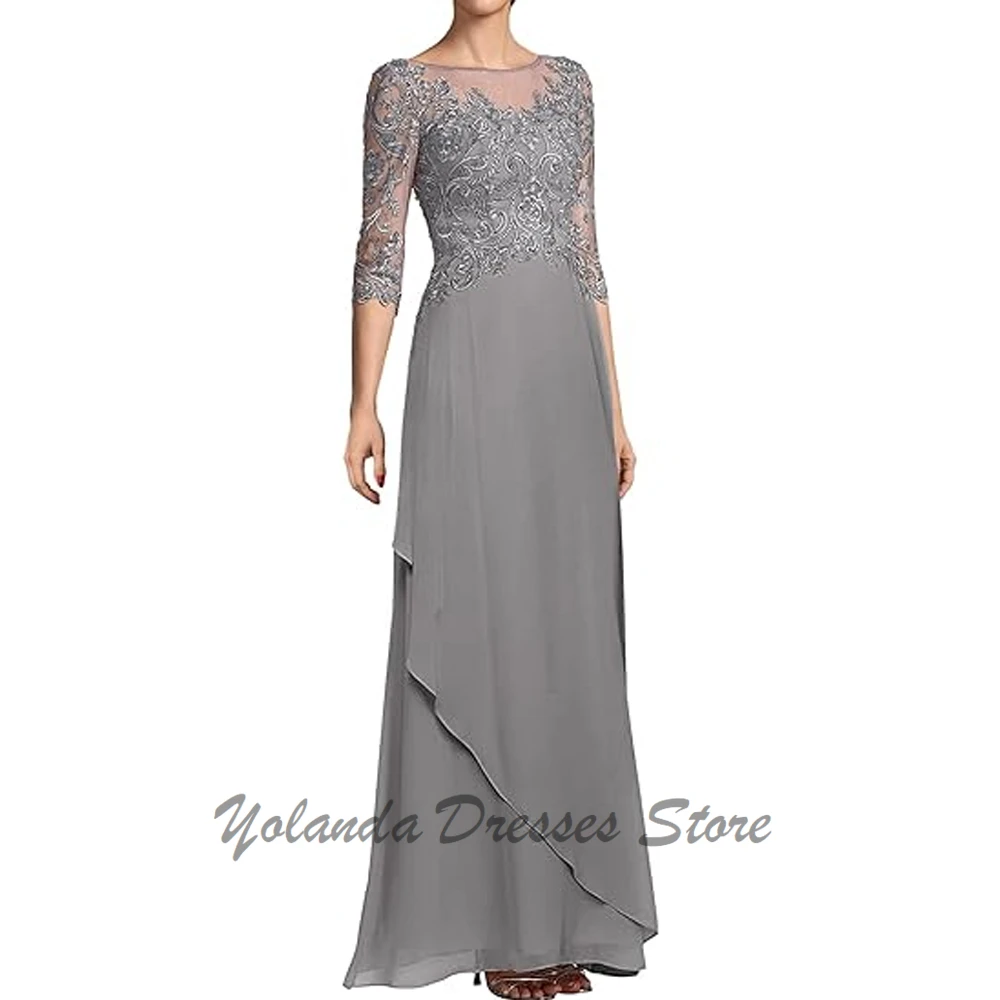 Elegant Scoop Neck Mother of The Bride Dresses Applique Lace Zipper Back Chiffon Formal Evening Gown Floor Length 3/4 Sleeves