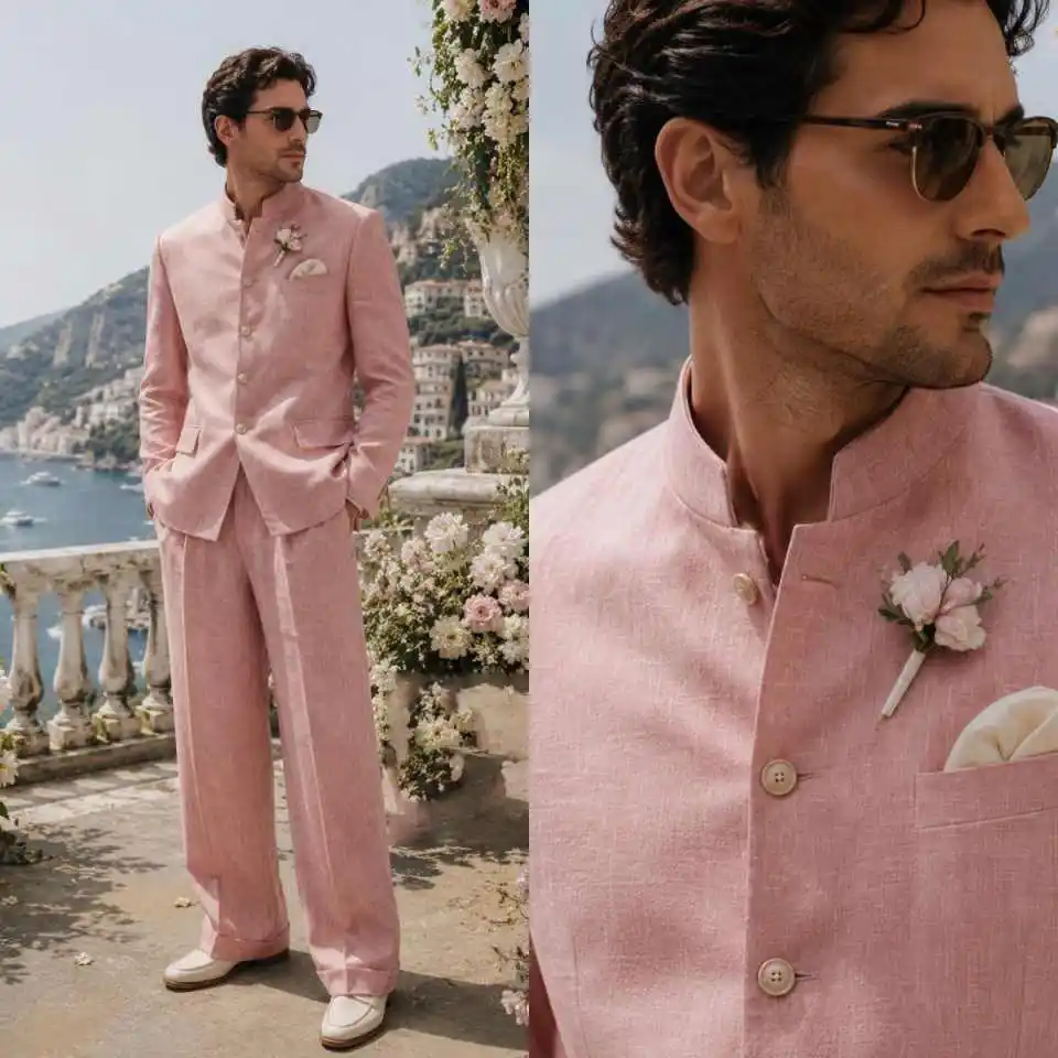 Classic Simple Men Suit 2 Pieces Jacket Pants Single Breasted Stand Collar Wedding Occasion Groom Party Banquet Customized