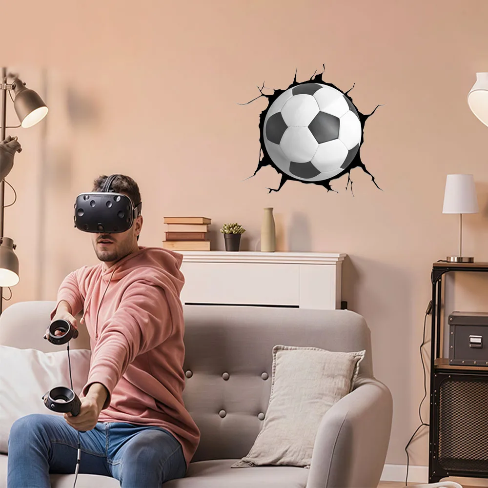1pc Cartoon Football Wall Sticker, 3D Ripped Football, Removable Waterproof Vinyl Sticker, Wall Decoration For Bedroom Living Ro