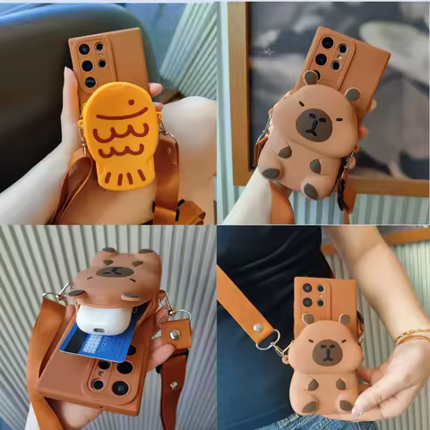 3D Cartoon Capybara Taiyaki Crossbody Strap Wallet Lipstick Bag Phone Case for Samsung Galaxy S25 S24 S23 S21 S20 Ultra Plus