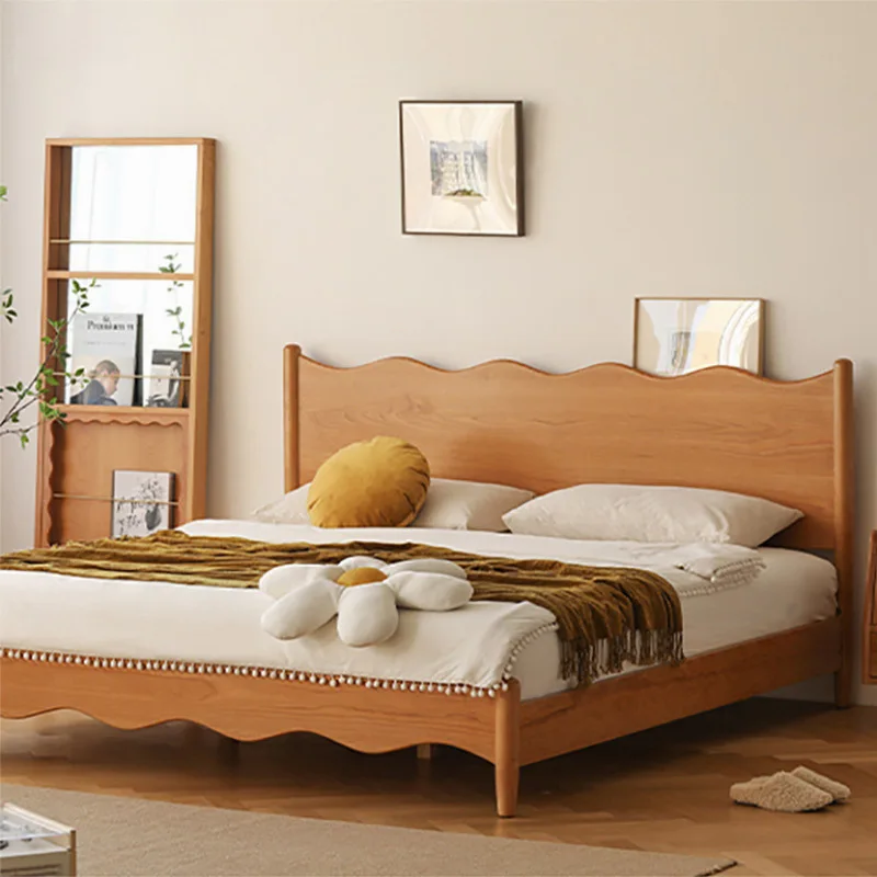

Solid wood bed cherry wood Japanese-style small apartment retro furniture wavy simple log 1.8 meters double bed