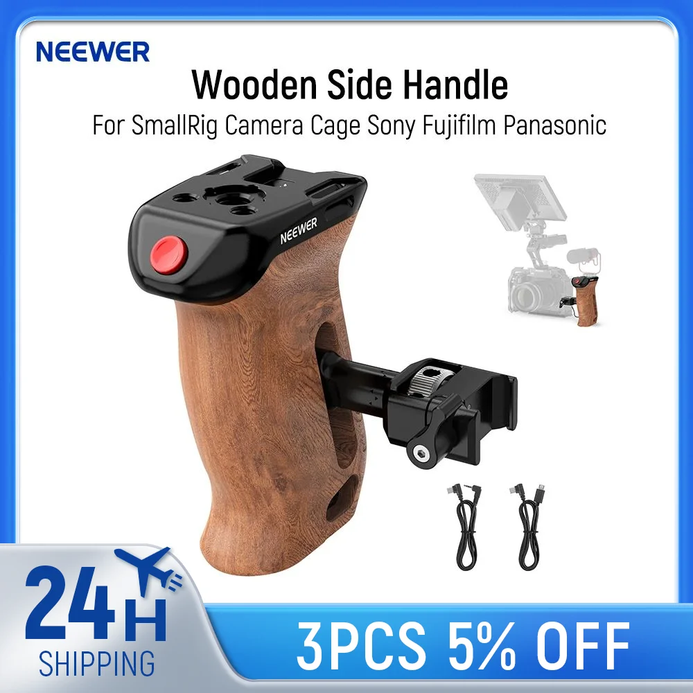 NEEWER Wooden Side Handle with Record Start/Stop Remote Trigger NATO Clamp For SmallRig Camera Cage Sony Fujifilm Panasonic