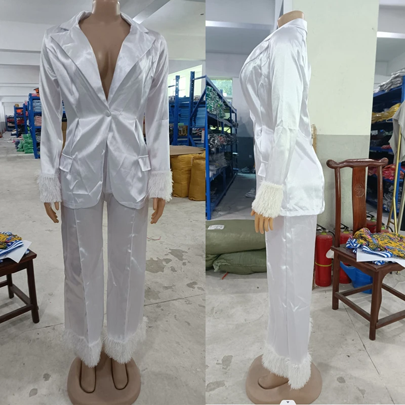 White Elegant Work Wear Two Piece Set Fall Clothes for Women Feather Blazer Pants Suit Set Women Matching Sets Sexy Club Outfits