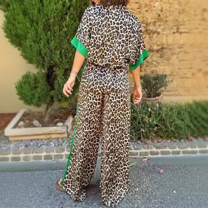 Spring Contrast Leopard Print Casual Set Women Single Breasted Lapel Shirt & Wide Leg Pant Outfit Summer Short-sleeved 2pcs Suit