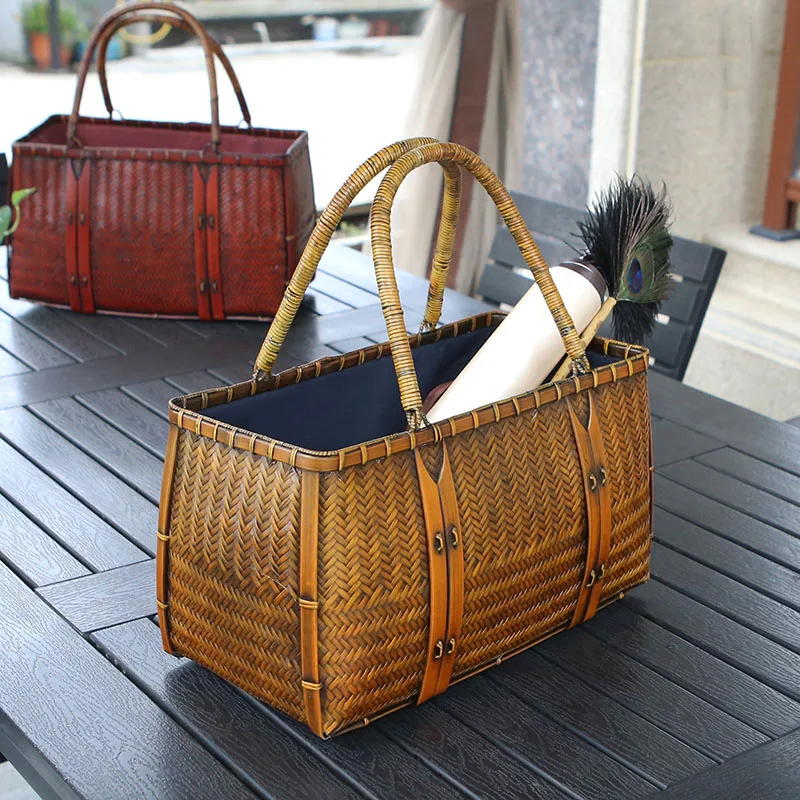 

Women's Handbags Luxury Designer Woven Bamboo Bag Summer Evening Beach Straw Rattan Bags Large Capacity Tea Set Storage Basket