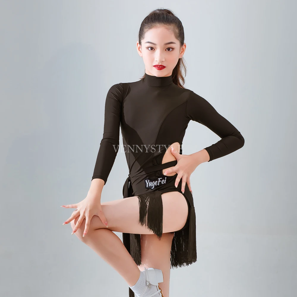 Vennystyle Latin Dance Dress Girls Long Sleeve Fringe Floral Design Practice Wear Professional Standard Training Outfit