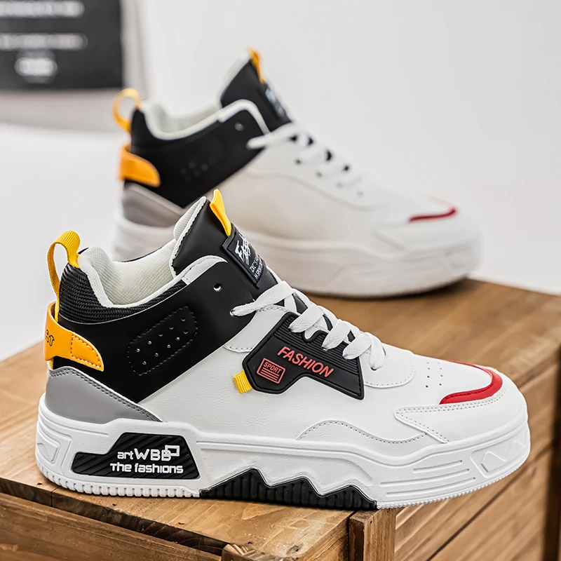 

Trendy Men's Shoes Thick Bottom Sports Casual Leather Surface Middle School Students White Sneakers Spring Autumn Season