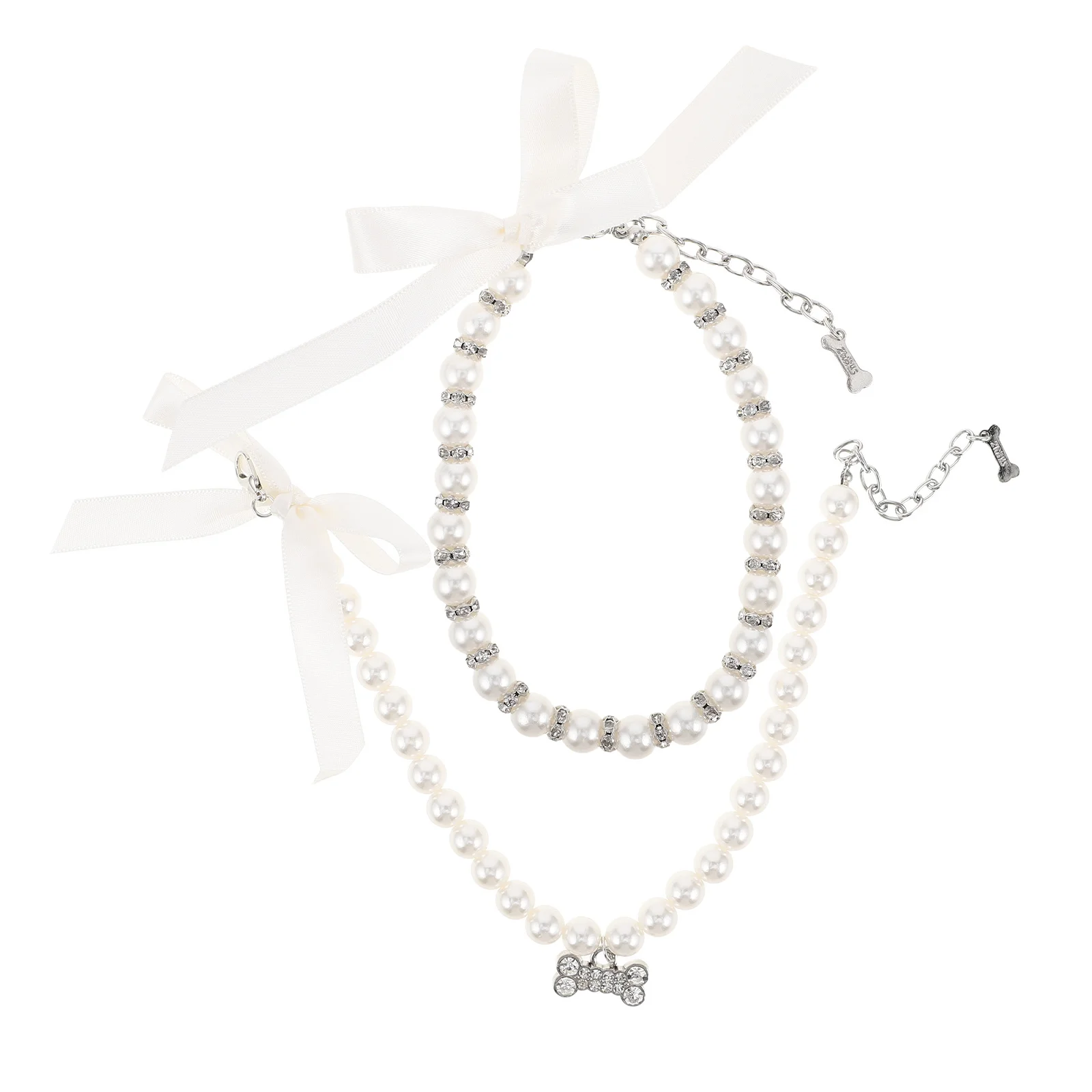 

2Pcs Pet Bowknot Pearl Necklace Bone Pendant Elegant Collar Adjustable Fit for Cats Small Dogs Daily Parties Photoshoots