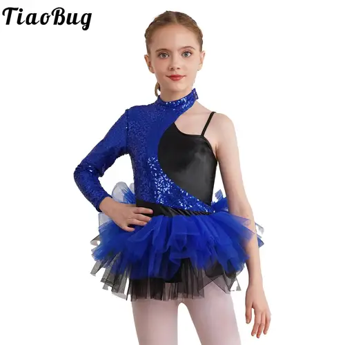 Vestido de baile de Ballet para niñas, faldas de tul con lentejuelas, trajes de baile de Jazz, mangas de un hombro, gimnasia, patinaje artístico, leotardo