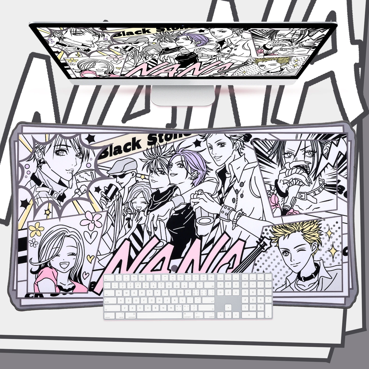 NANA Manga-Inspired  Computer Gaming Mouse Pad - Black White Non-Slip Desk Mat for Keyboard & Mouse (775x400mm)