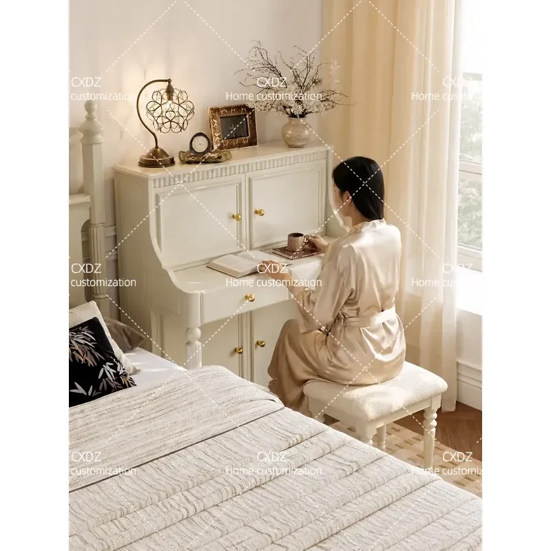 White Solid Wood Dresser with Mirror Cream Style Makeup Table for Bedroom Small Apartment Nightstand Storage Cabinet