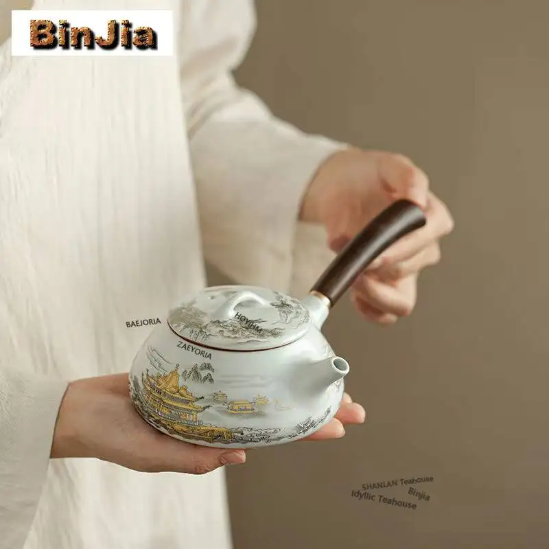 250ml Ru Kiln Gold Landscape Teapot Japanese Tea Infuser Pot Tea Maker Kettle With Ball Hole Kung Fu Tea Tea Services Gifts