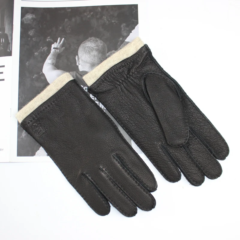 Men\'s Deerskin Gloves Classic Vintage Hand Sewn Made Warm Wool Knit Liner Driving Leather Gloves Autumn