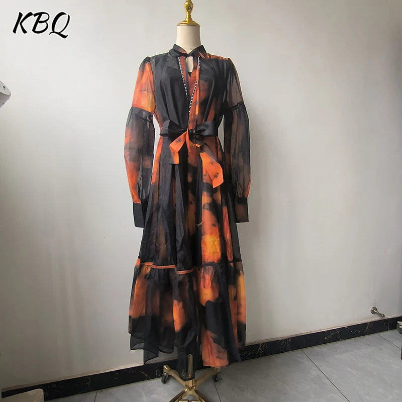 

KBQ Hit Color Printing Casual Long Dresses for Women Lapel Lantern Sleeve High Waist Spliced Lace Up Loose Dress Female Clothes