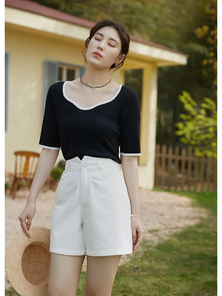 DUSHU 5 Colors Available French Contrast Edge Knit Short Sleeve T-Shirts Simple Commuter Square Neck Summer Knitted Short Sleeve