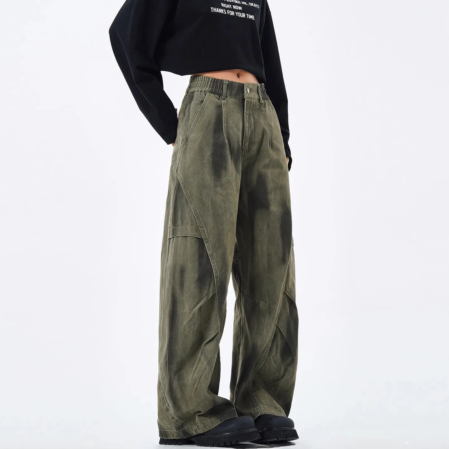 تصميم العلامة التجارية الرجعية العصرية مطوي القذرة مصبوغ وزرة الرجال والنساء الشارع الأمريكية المتخصصة فضفاضة السراويل القديمة غير رسمية