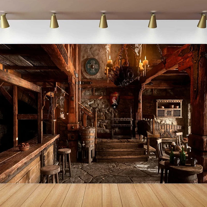 Medieval Tavern Photography Backdrop Wooden Interior Tables Candle Light Ancient Inn Bar Restaurant Background For Party Decor