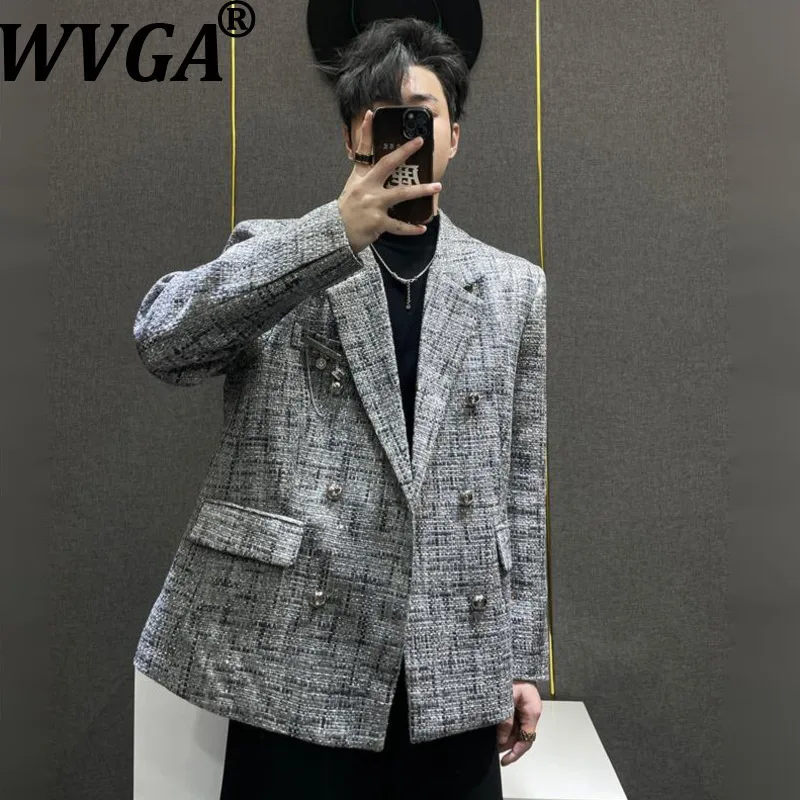 

WVGA Spring Autumn New Men Tide Wool Double-Breasted Blazers Trendy High-End Padded Shoulder Niche Chic Casual Suit Coats W16473