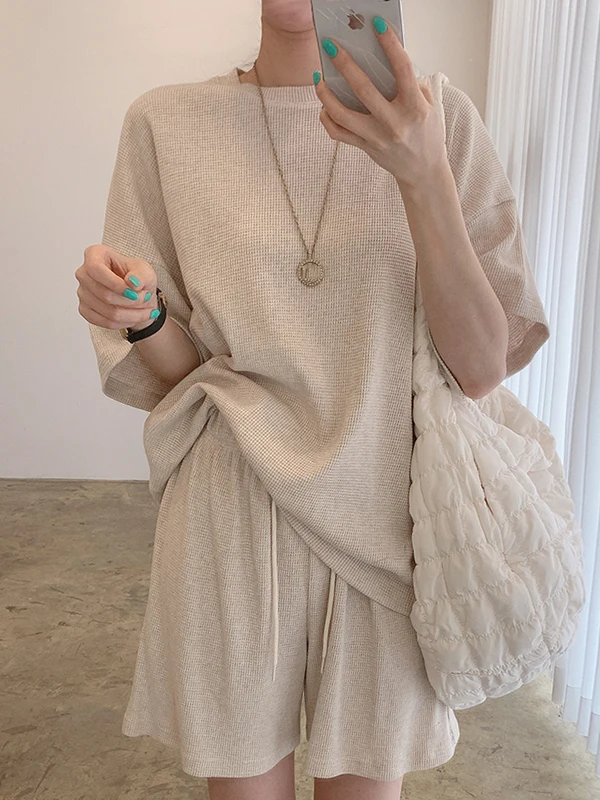 

Chic Summer Thin Knitted round Ne Top plus High Waist Loose Wide Leg Casual orts Set Faionable Two-Piece Ensemble