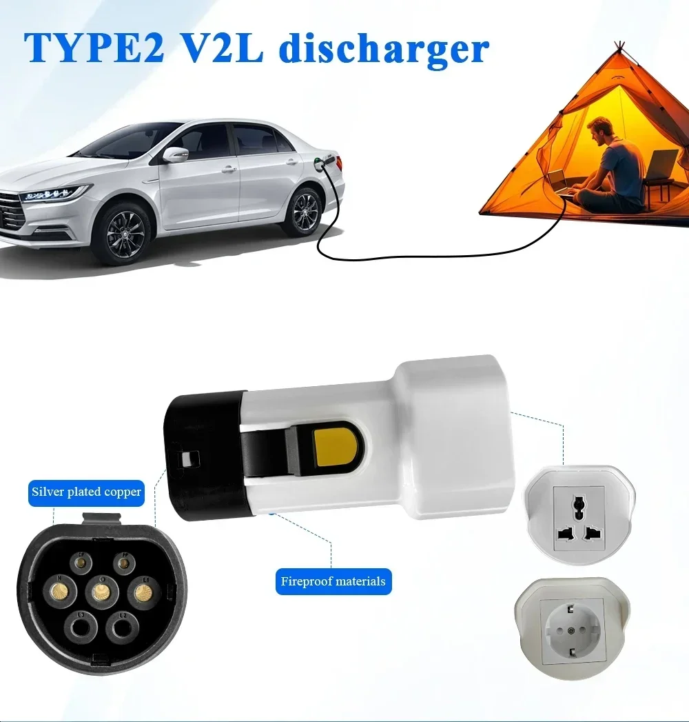 Type2 V2L Discharger Schuko Plug Adapter, Vehicle to Load V2L Connector for BYD MG Xpeng AION GWM Deepal Chery Renault EV